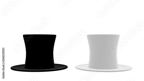 A pair of classic top hats, presented in contrasting black and white, stand side by side against a clean, transparent backdrop