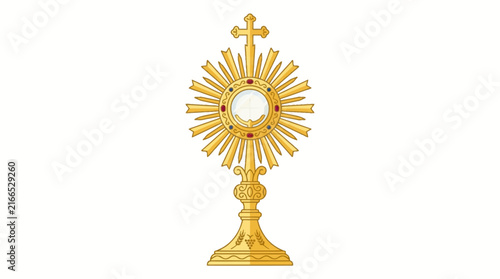 Golden Catholic Monstrance Vector Illustration with Sunburst, Cross, Host, and Religious Symbols Isolated on White Background