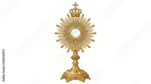 Ornate Golden Catholic Monstrance with Gemstones and Sunburst Rays on Pedestal