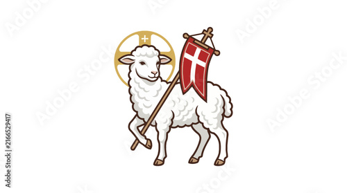 Cartoon lamb holding red flag with cross and golden halo background