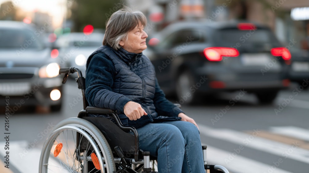 Obraz premium Elderly Woman in Wheelchair Navigating Busy City Street Pedestrian Crossing Safely