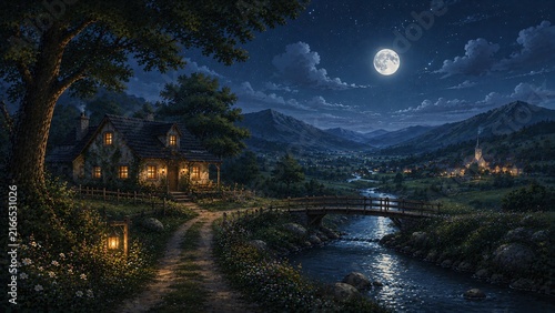 Cozy Cottage in a Moonlit Mountain Valley with River and Stars