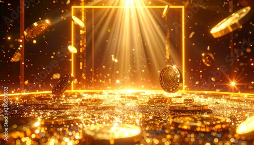 黄金のコインが舞い散る豪華なゴールド背景、光線と輝くフレームが演出する富と成功のラグジュアリーコンセプト