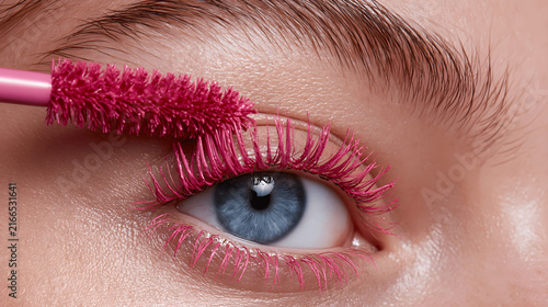Plakat w ramie Extreme Close Up View of Woman Applying Bright Pink Mascara to Eyelashes with Brush Wand during Creative Fashion Makeup Routine in Studio
