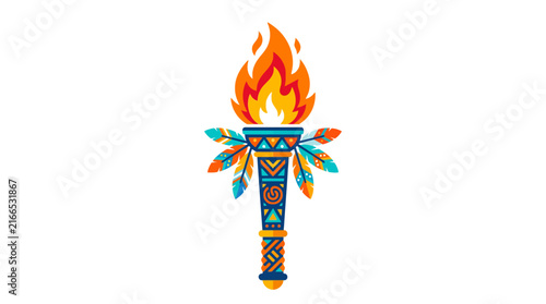 Tribal Aztec Style Torch with Bright Burning Flame.