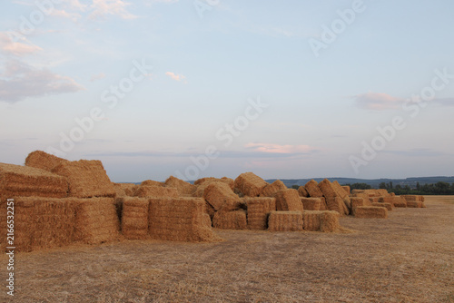 Large rectangular straw bales stacked in a harvested field, creating a rustic agricultural landscape under a pastel sky.
