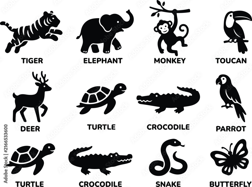 Naklejka premium Tropical Wild Animal and Jungle Insect Icon Set - Black Silhouettes on White
