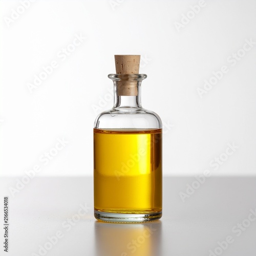 Glass bottle with yellow golden liquid and cork stopper