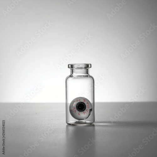 Studio shot of glass bottle with eyeball on white table