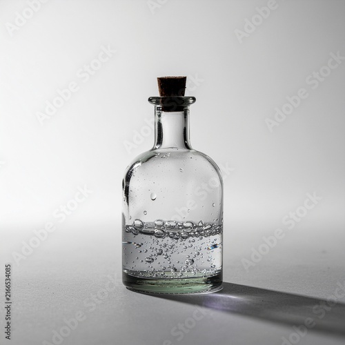 Glass bottle with clear liquid and bubbles on white table