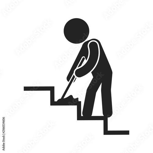 Isolated pictogram of janitor mopping stairs, warning pedestrians about slippery steps, cleaning activity, and fall hazards.