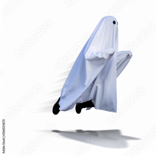 Person in classic bedsheet ghost costume running fast motion