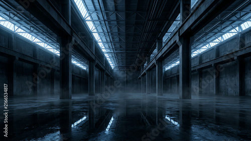 Empty Industrial Warehouse Interior with Concrete Floor and High Ceiling