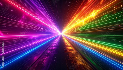 放射状に広がる太い虹色のエネルギー光線、スピード感と没入感を表現した未来的な抽象背景