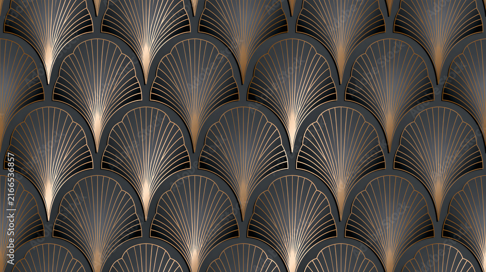 Seamless art deco luxury pattern featuring repeated golden fan shapes on dark grey background for elegant vintage wall design paper concept