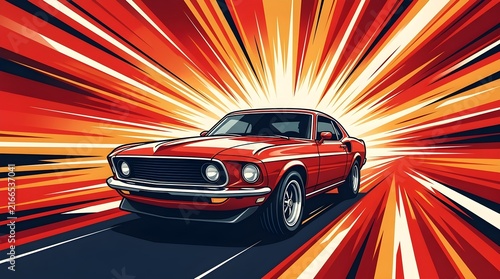 Vintage comic book car chase, high-speed action, exaggerated motion lines