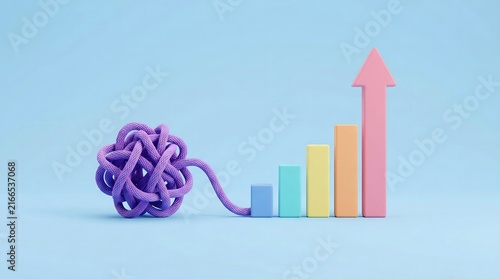Tangled knot untangling into rising bar chart with growth arrow concept