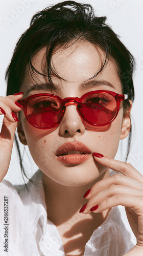 Stylish young Asian woman wearing transparent red sunglasses touching lip and holding frame isolated on white background fashion beauty makeup lifestyle concept