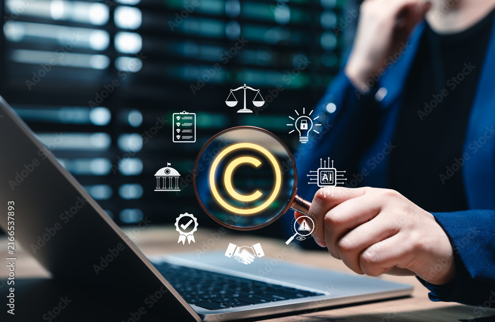 Obraz premium Patented intellectual property. Digital copyright or patent concept. Woman holding magnifying glass focuses on copyright symbol surround by legal icons. trademark license, Author rights, law business,
