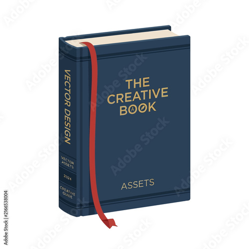 Book with blue cover and red ribbon bookmark standing vertically on a plain white background.