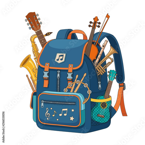 Backpack packed with musical instruments and accessories for school and creative performance.