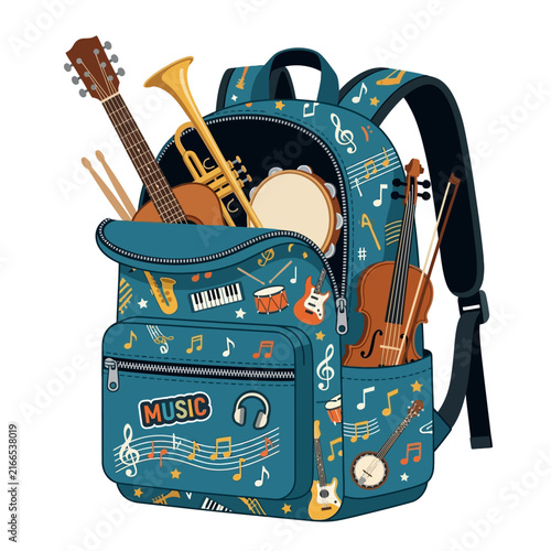 Blue musical backpack filled with instruments and notes for school students.