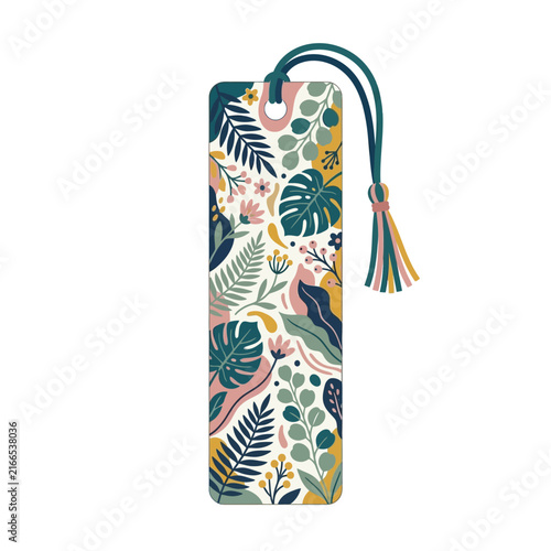 Bookmark vector illustration shows a decorative paper marker with botanical leaf patterns and a colorful tassel hanging from the top.