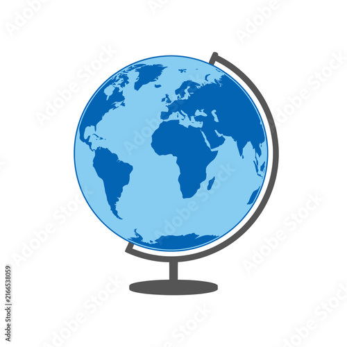 Globe vector illustration depicts a blue terrestrial sphere mounted on a simple dark stand representing geography and education.