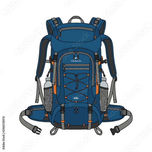 Blue hiking backpack vector graphic displays a large camping rucksack with water bottles and adjustable straps isolated on a white background.