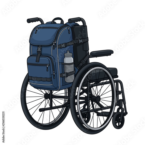 Wheelchair equipped with a large attached travel backpack on the back for accessible mobility and travel convenience.