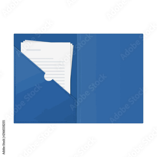 Blue folder illustration showing an open corporate document holder with paper sheets tucked inside a diagonal pocket on a white background.