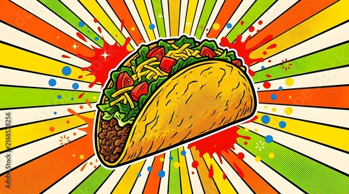 Cool looking mexican food taco in colorful pop art comic style illustration.