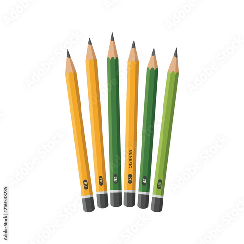 Pencils arranged in a row with yellow and green colors shown flat.