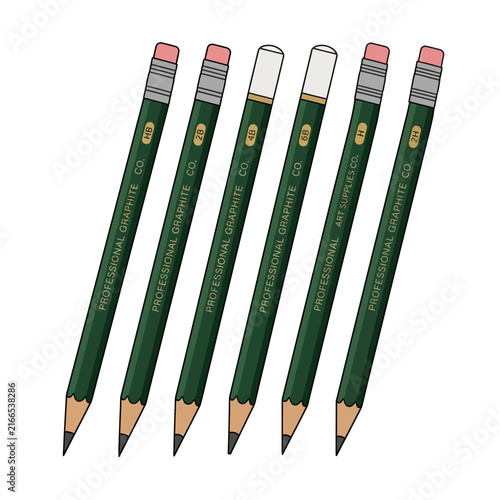 Back to School Professional graphite pencils set, dark green wooden drawing tools with erasers, 6 artist sketching pencils vector illustration isolated on White Background Vactor EPS
