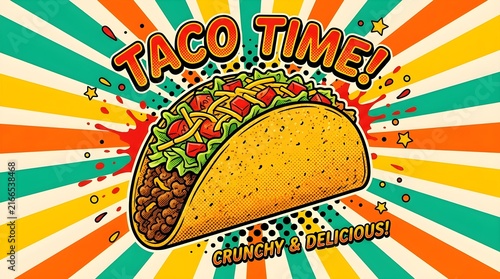 Cool looking mexican food taco in colorful pop art comic style illustration.