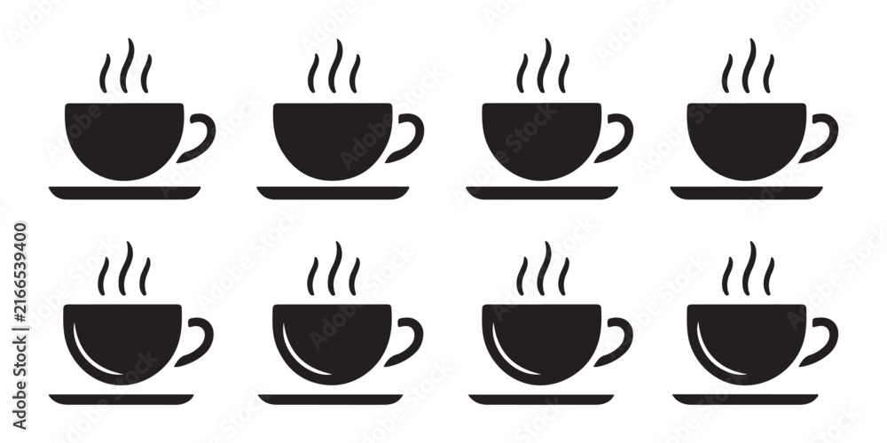 Fototapeta premium Minimalist black coffee cup icons with steam on transparent background for cafe menus and signage.
