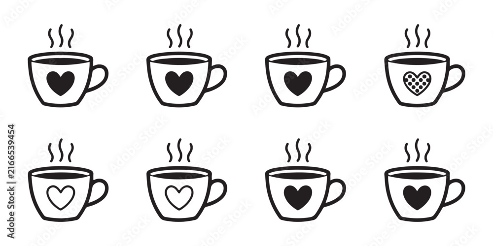 Fototapeta premium Cute coffee cup icon set featuring steam and romantic heart designs for cozy cafe and menu styling.