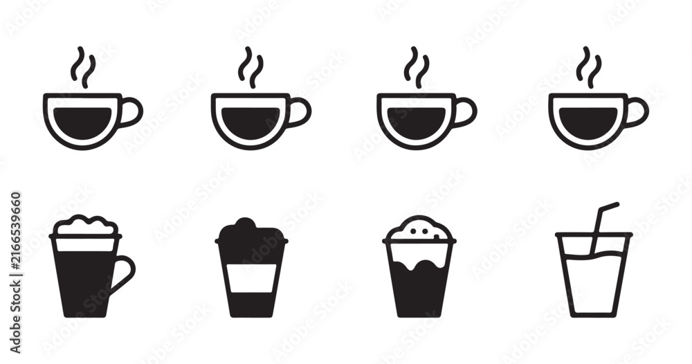 Obraz premium Assorted coffee cup and cold beverage line icons on transparent grid for cafe menus and websites.