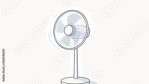Minimalist illustration of a white electric pedestal fan with spinning blades on a clean background