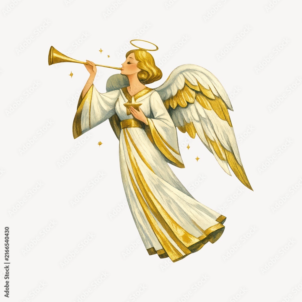 Fototapeta premium Illustration of an angel with a trumpet, halo, and golden wings.