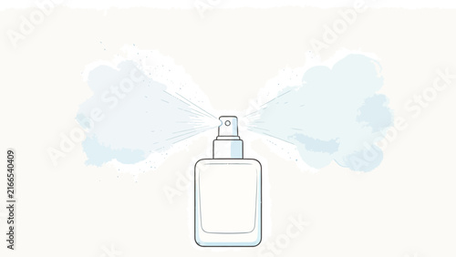 Minimalist illustration of a white spray bottle releasing soft blue mist clouds against a clean off-white