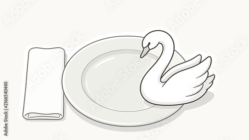 Elegant white plate with folded napkin and swan-shaped food art illustration, minimalist line drawing style