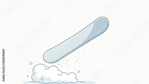 Stylized cartoon snowboard mid-air above snowy clouds with motion lines and bubbles on white background