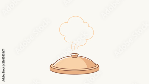 Steaming ceramic food dome lid with wisps of steam rising from handle, minimalist illustration style