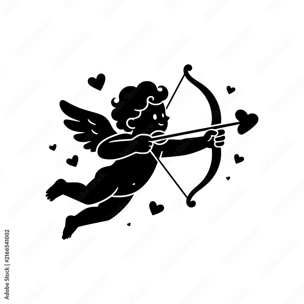 Naklejka premium Romantic Cupid vector illustration featuring a charming winged character holding a bow and heart-tipped arrow in a clean minimalist style. Perfect for Valentine’s Day, love, romance, weddings, anniver