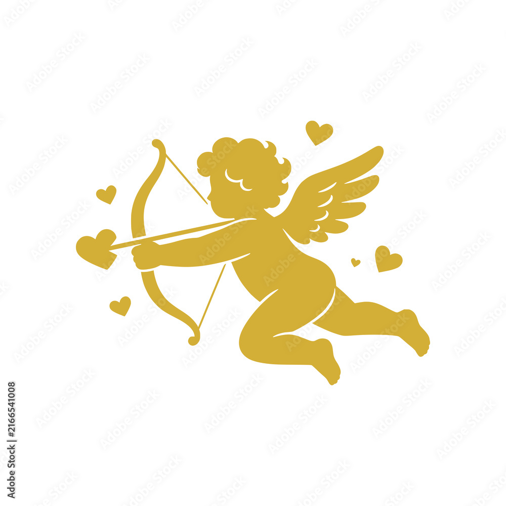 Fototapeta premium Romantic Cupid vector illustration featuring a charming winged character holding a bow and heart-tipped arrow in a clean minimalist style. Perfect for Valentine’s Day, love, romance, weddings, anniver