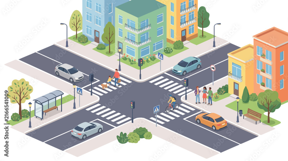 Fototapeta premium City Intersection with Cars, Pedestrians and Buildings - Isometric View