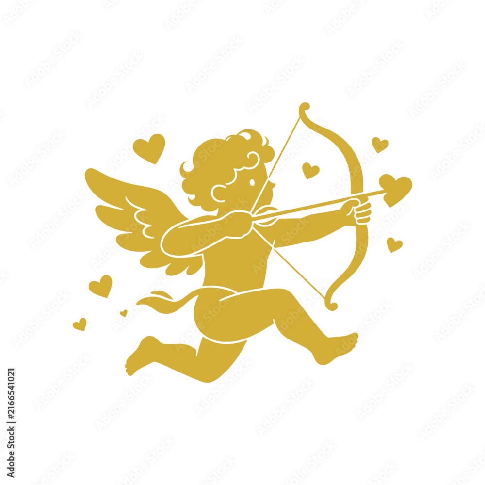 Fototapeta premium Romantic Cupid vector illustration featuring a charming winged character holding a bow and heart-tipped arrow in a clean minimalist style. Perfect for Valentine’s Day, love, romance, weddings, anniver