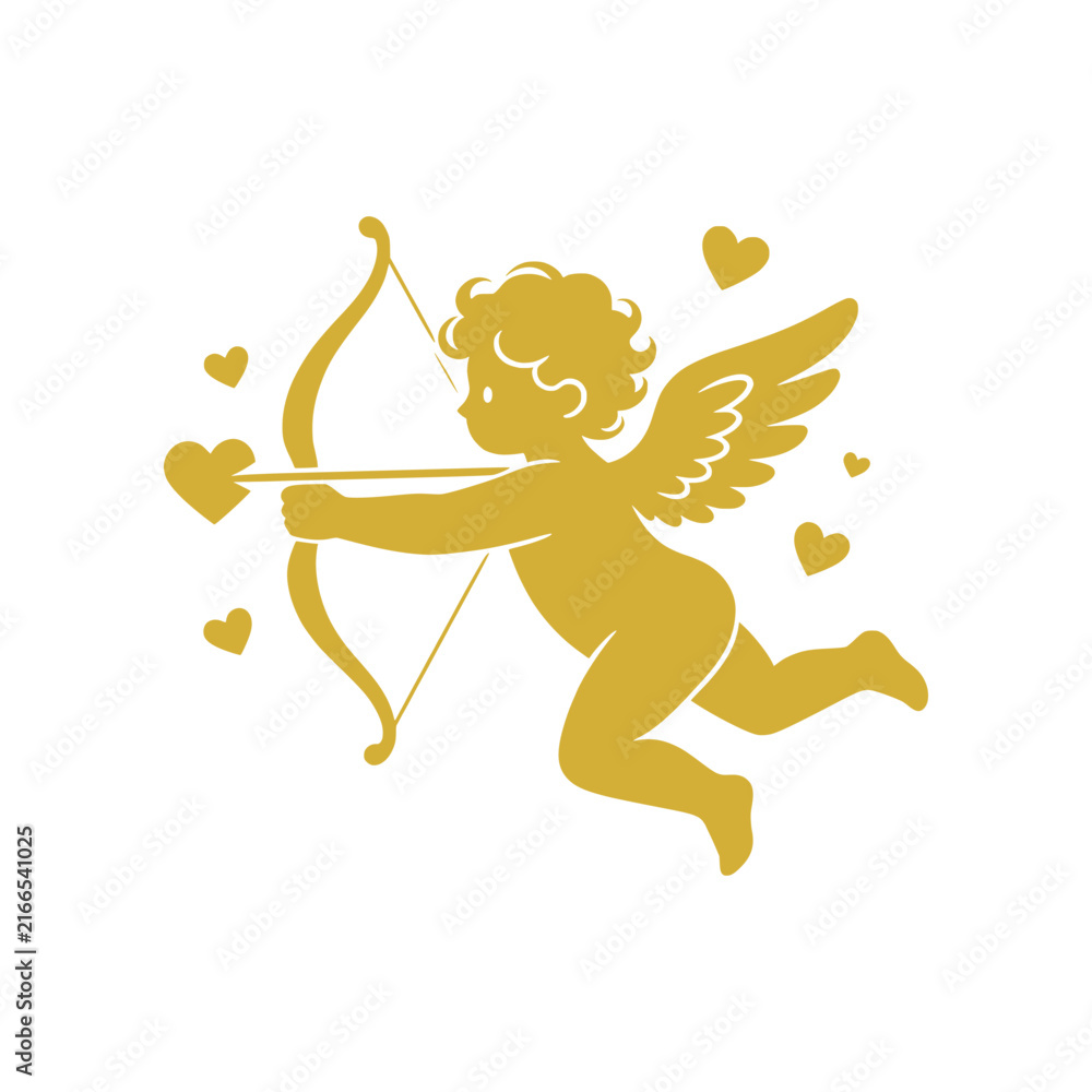 Fototapeta premium Romantic Cupid vector illustration featuring a charming winged character holding a bow and heart-tipped arrow in a clean minimalist style. Perfect for Valentine’s Day, love, romance, weddings, anniver