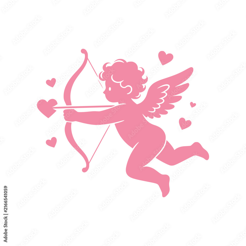 Fototapeta premium Romantic Cupid vector illustration featuring a charming winged character holding a bow and heart-tipped arrow in a clean minimalist style. Perfect for Valentine’s Day, love, romance, weddings, anniver